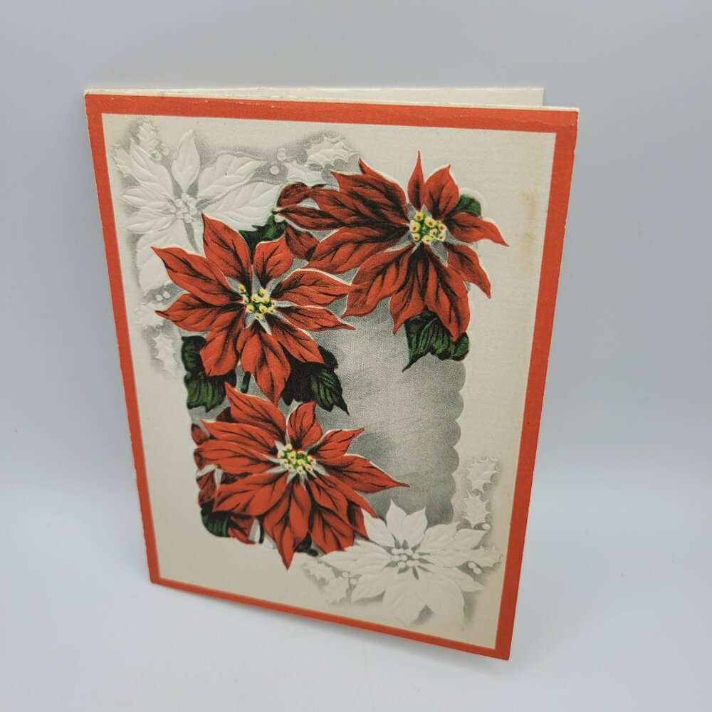 Vintage‎ Christmas Greeting Card With Poinsettia Design & Inside Message